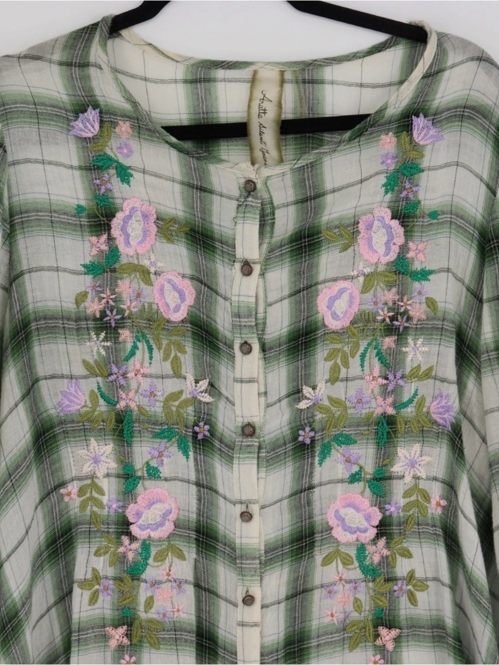 Aratta Summer Breeze Embroidered Green Plaid Button-Front Tunic Dress, NWT *FLAW - Picture 3 of 11